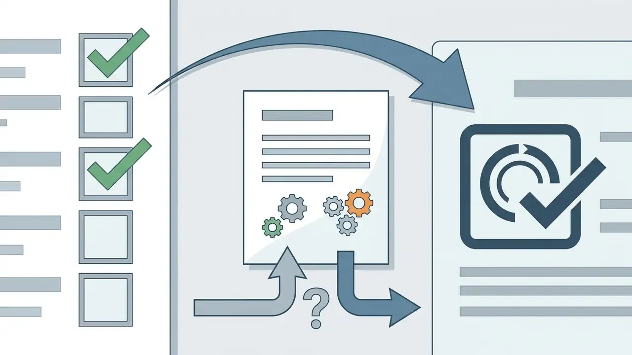 Checklist with green marks feeding into a gear-driven document that flows toward a final status icon