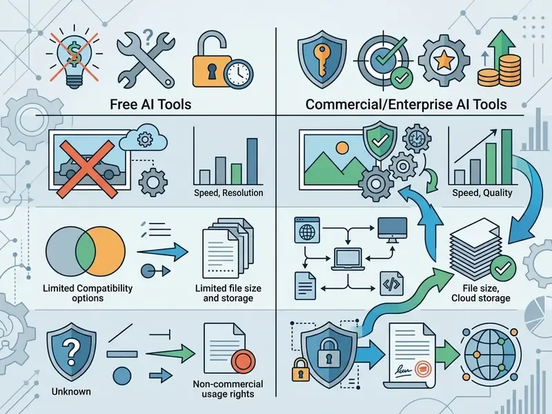 Comparison table contrasting features and limitations of free versus commercial AI software solutions
