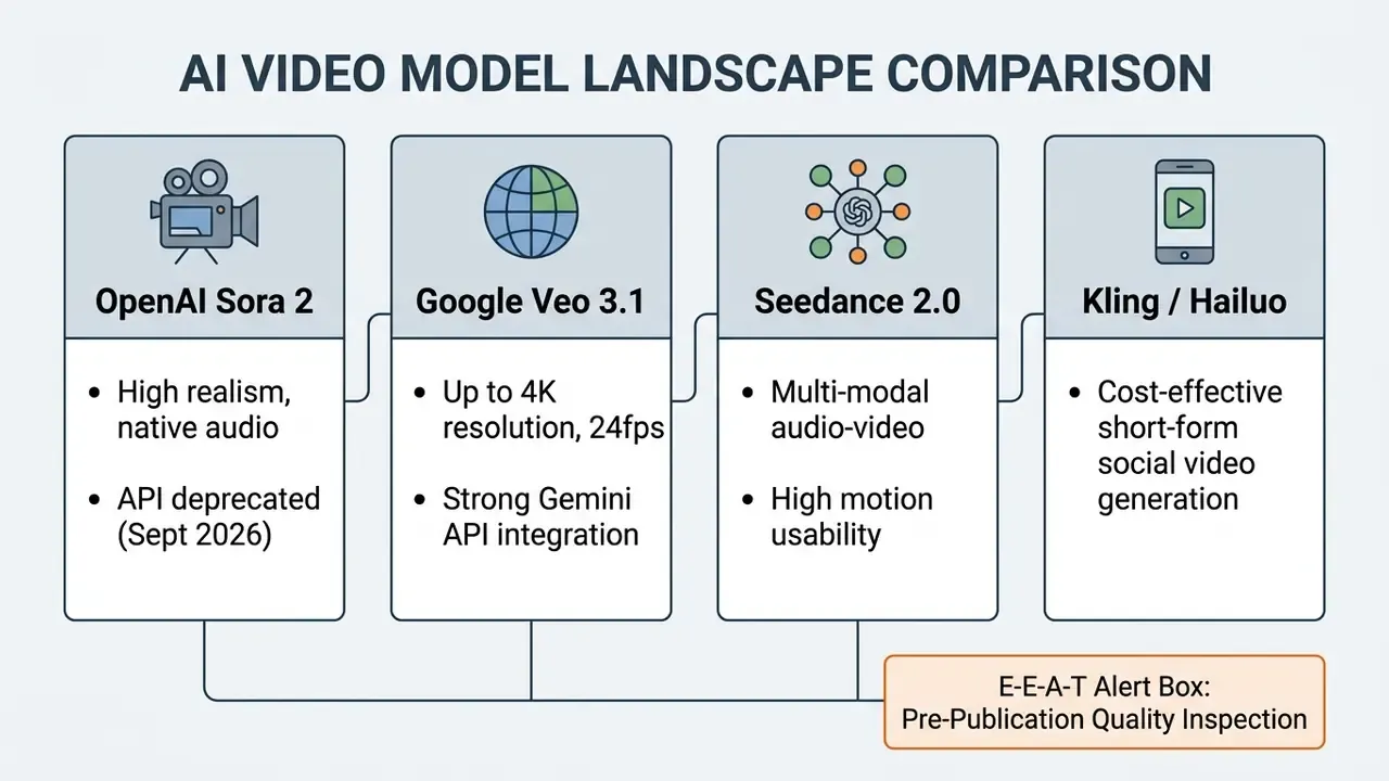 Comparison chart outlining key features and technical status of OpenAI Sora and other AI video models