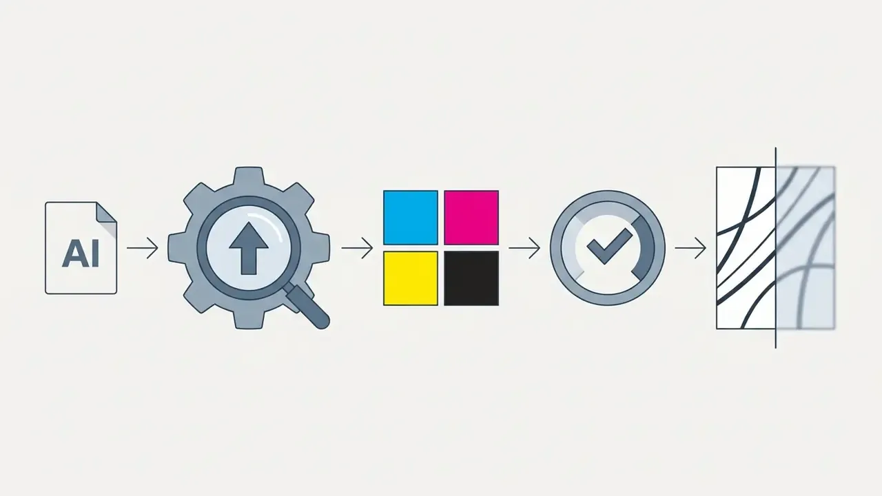 Process icons showing AI file upscaling, CMYK conversion, quality verification, and line sharpness check
