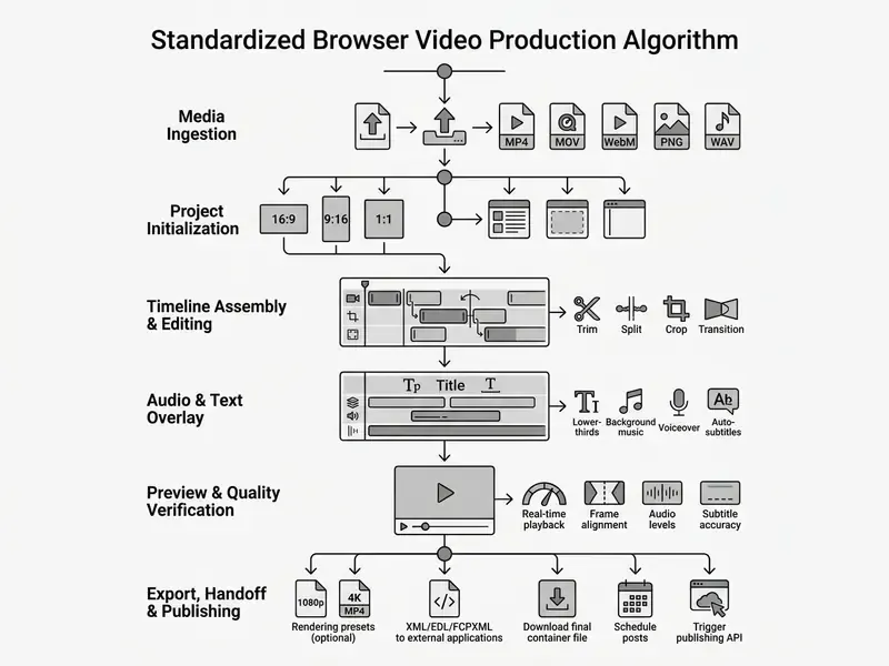 Flowchart detailing steps from media ingestion and project setup to editing, previewing, and final export
