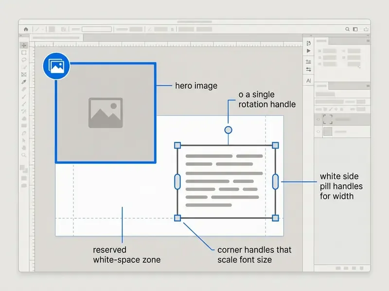 Annotated Canva workspace highlighting text box handles and a reserved white space zone for text wrapping