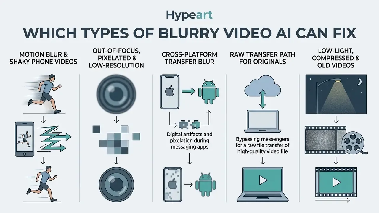 Infographic showing five categories of video issues that AI can resolve to unblur video online free