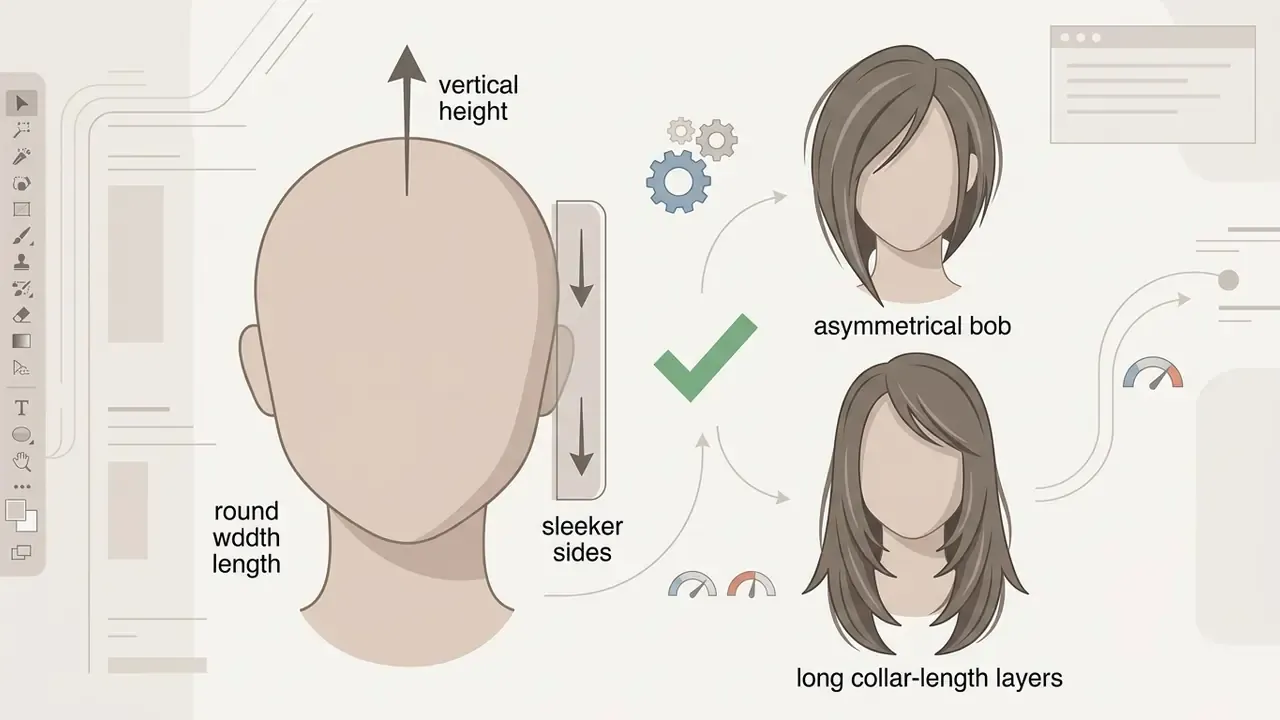 Round face outline with arrows showing vertical height and sleek sides for bob and layered hairstyles