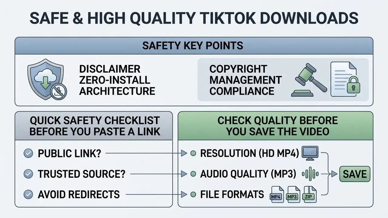 Summary infographic outlining safety protocols and quality checks for TikTok video downloads