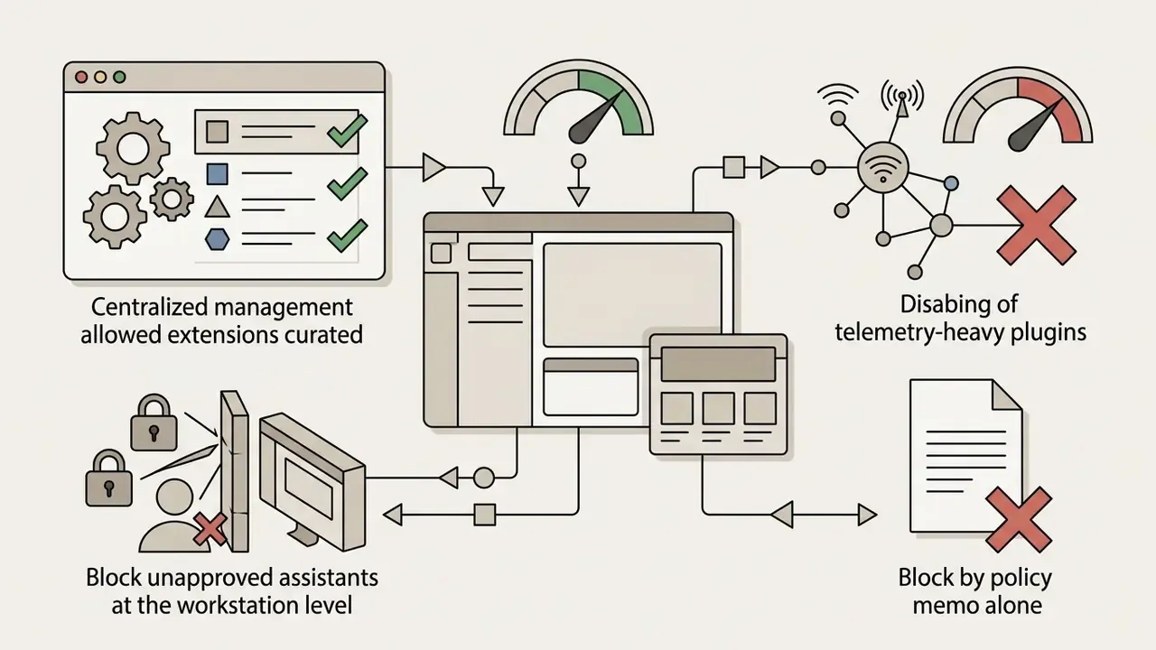 System interface showing extension management, network monitoring, and security blocks for workstations