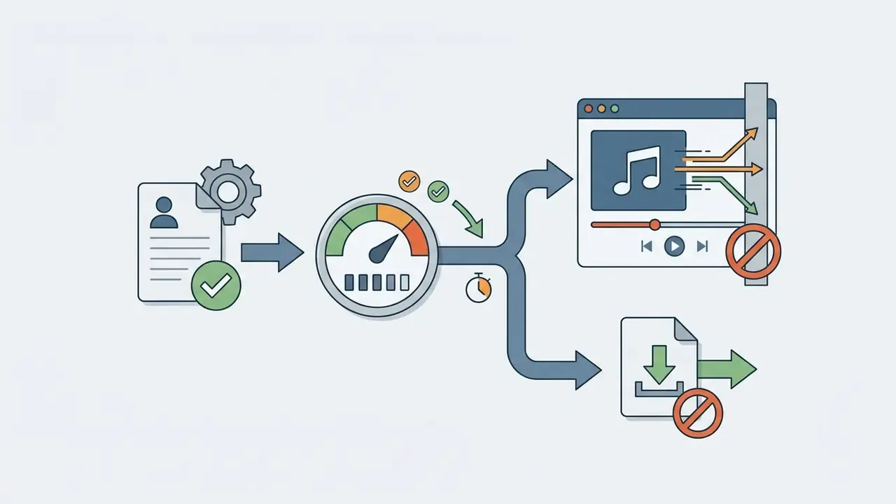 User account registration leading to a credit gauge that restricts music downloads while allowing streaming