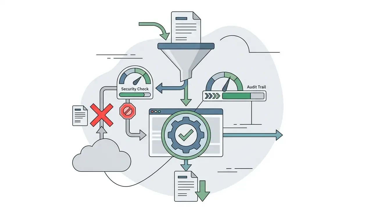 Document passing through a funnel for security screening and audit trail logging before final processing