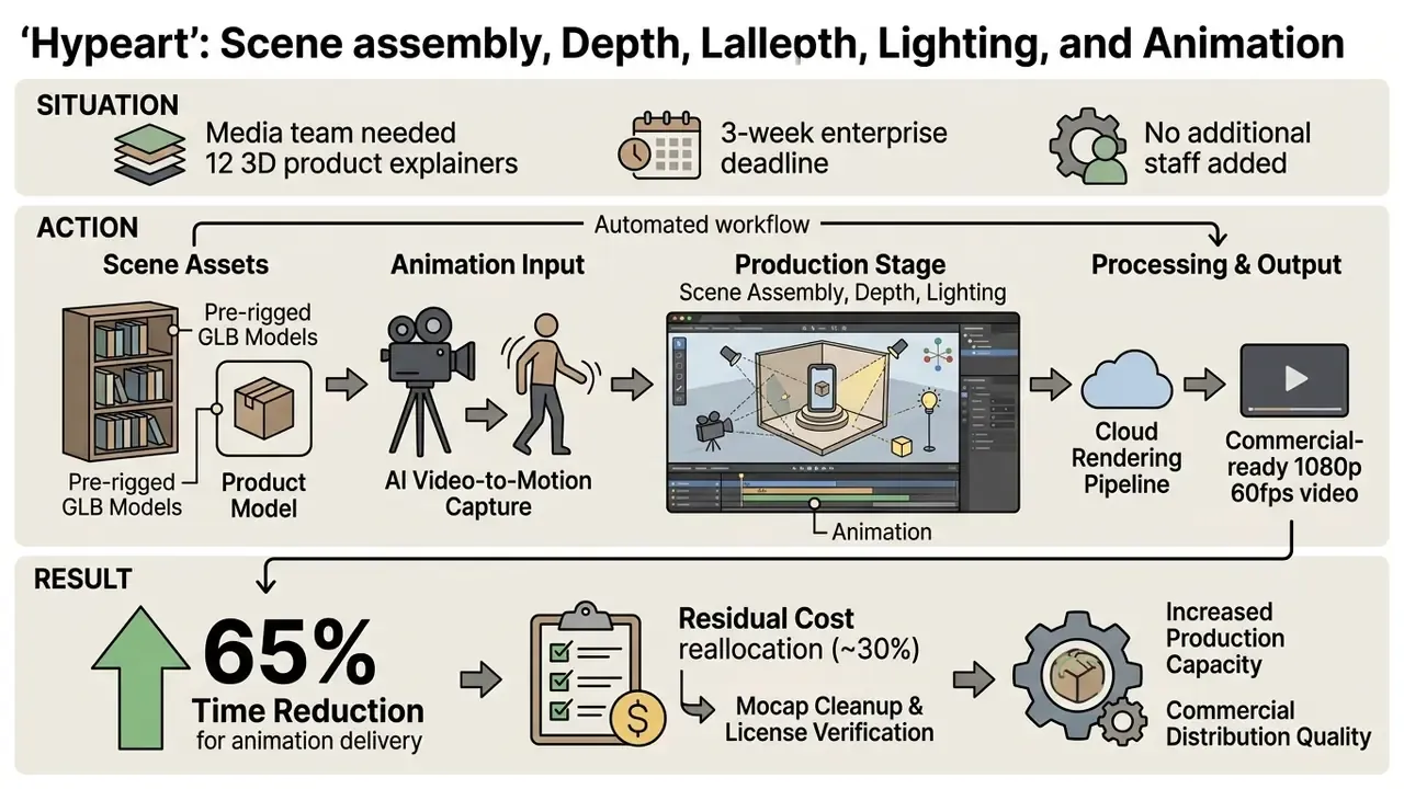 Flowchart detailing an automated 3D production pipeline from asset preparation to final video rendering