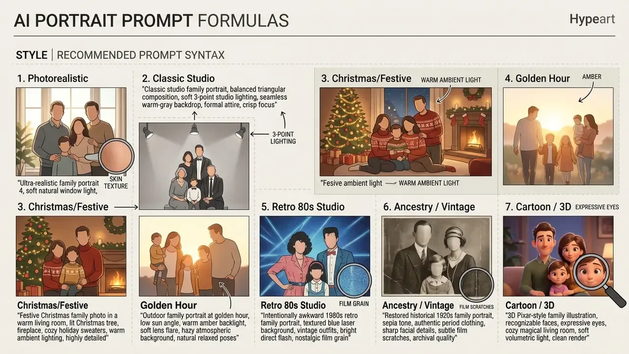 Grid of seven portrait styles with sample images and corresponding descriptive text prompts for generation