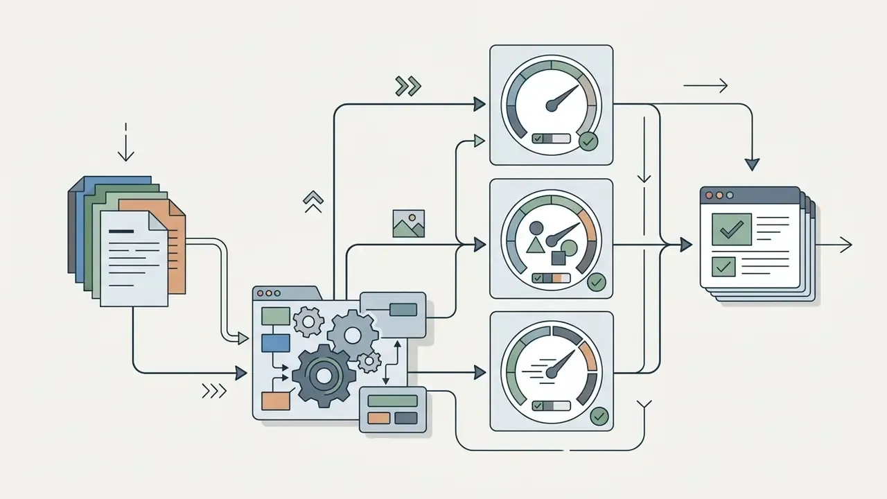 Workflow diagram showing document inputs routed through processing engines to specific model vendor gauges