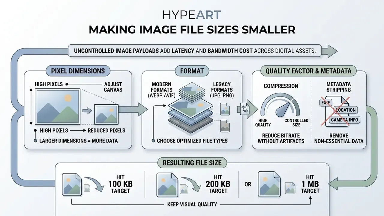 Infographic showing how pixel dimensions, file formats, and metadata affect image file size