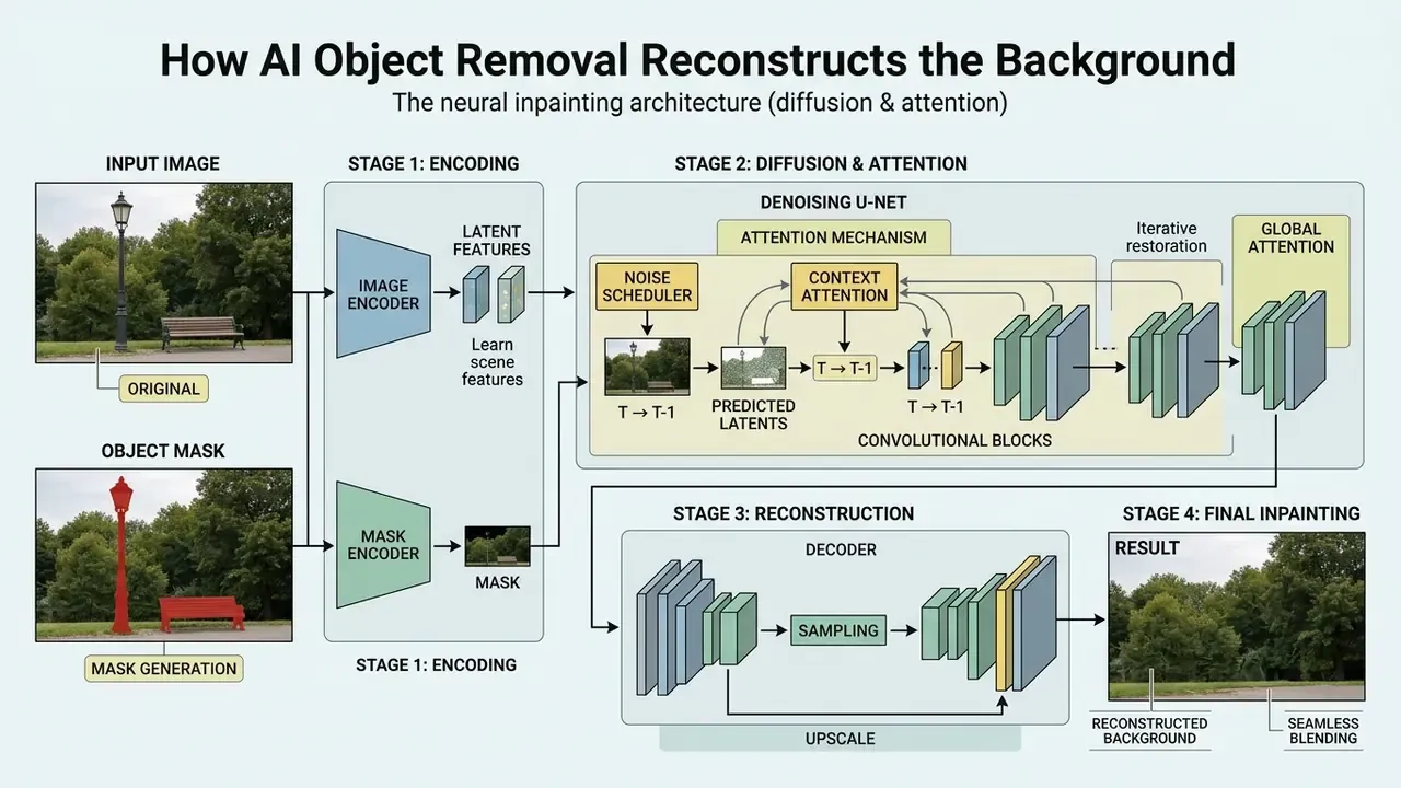 Technical diagram detailing the neural inpainting pipeline through encoding, diffusion, and reconstruction