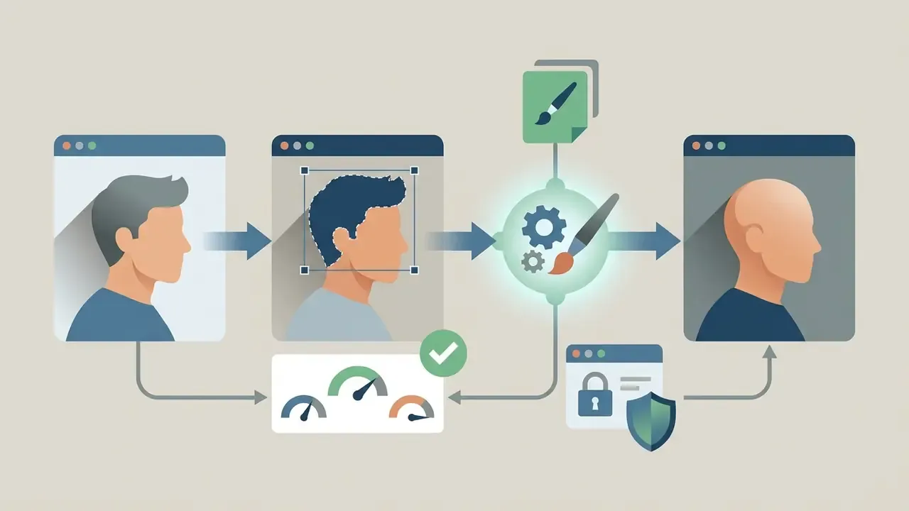 Process diagram showing digital hair removal with segmentation, generative editing, and privacy controls