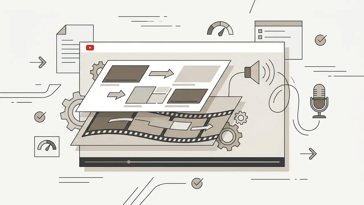 Video editing interface showing a film strip timeline, B-roll overlays, and a microphone for narration