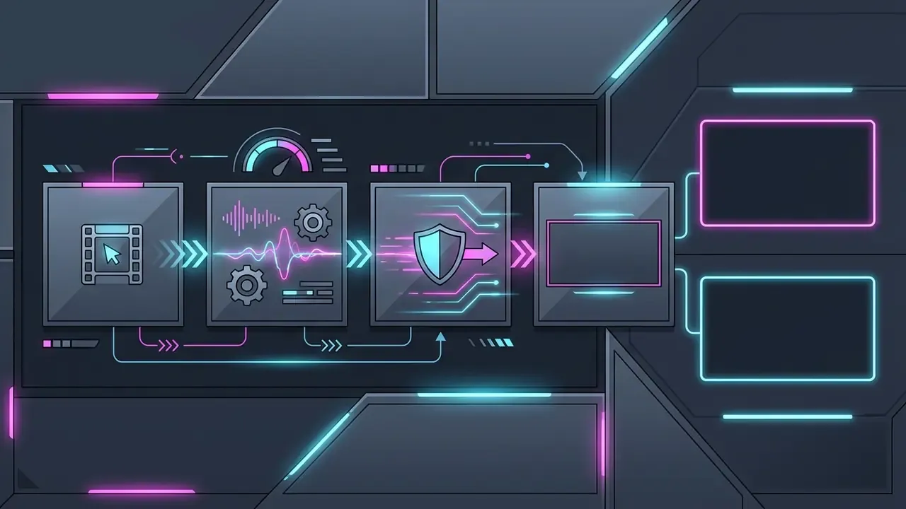 Futuristic interface showing a four-step workflow with neon icons connecting to two empty display frames