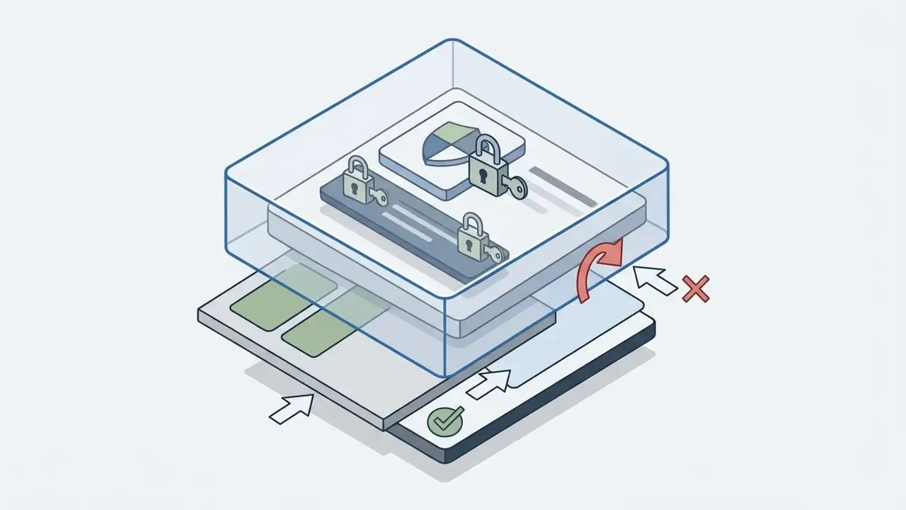 Isometric view of stacked layers with padlocks securing specific elements against movement