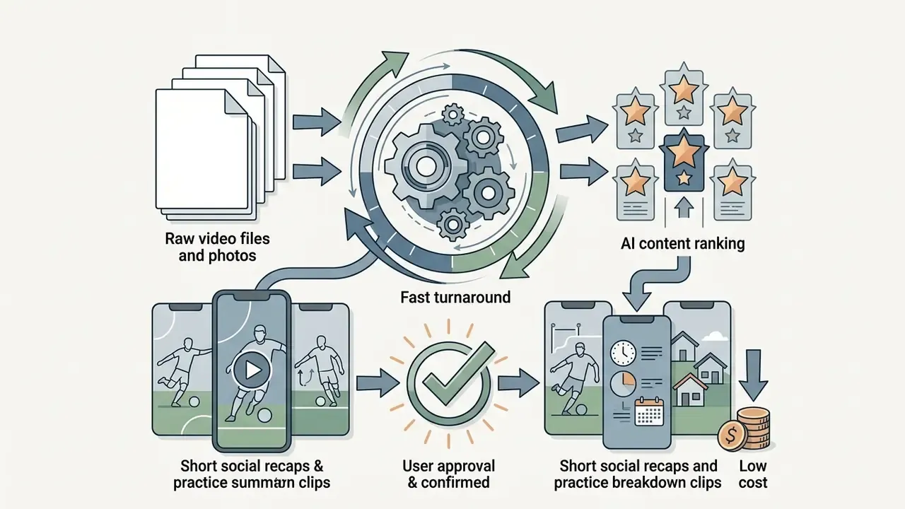 Raw media files moving through a central gear engine to be ranked and approved for final social content