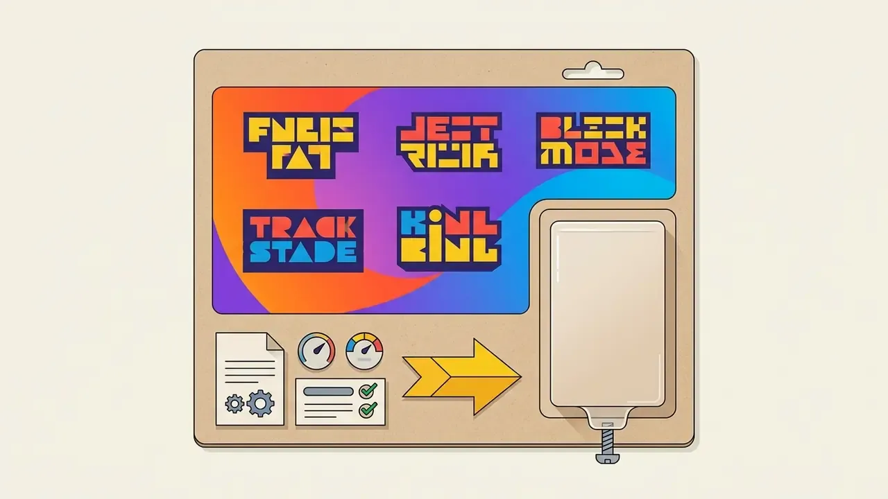 Toy blister pack with stylized character logos on a gradient cardback and technical control icons