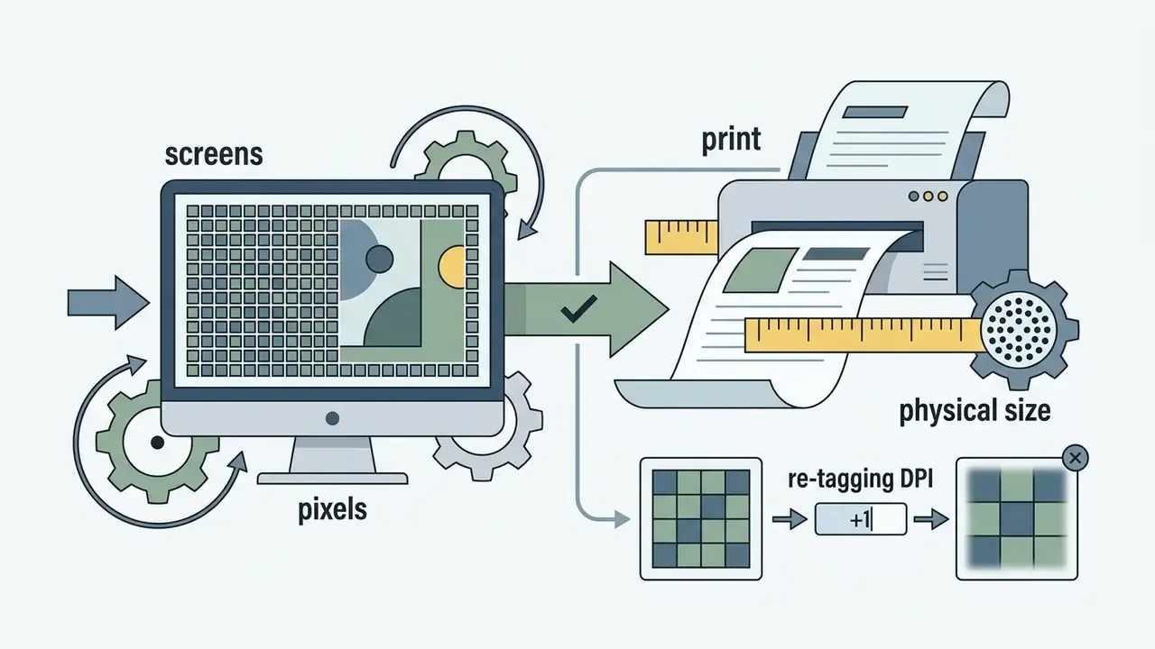 Computer screen showing pixel grids transitioning to a printer with rulers and a DPI re-tagging process