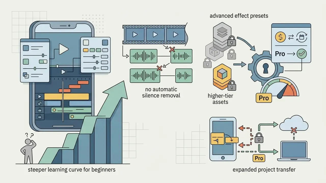 Icons depicting video editing challenges like manual silence removal and paid subscription requirements