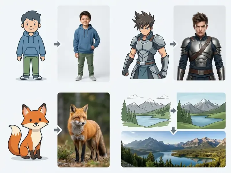 Four pairs of cartoon drawings next to their corresponding realistic AI generated transformations