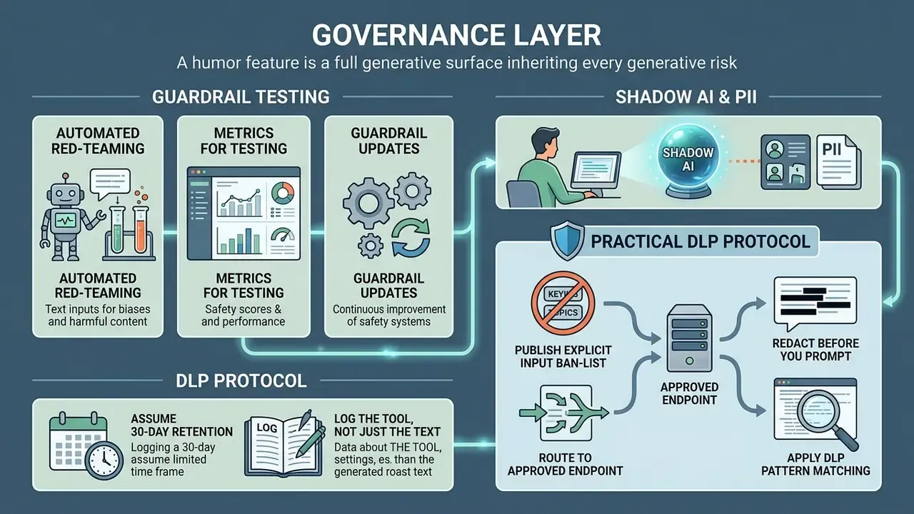 Diagram detailing governance strategies for generative AI including red-teaming and DLP protocols