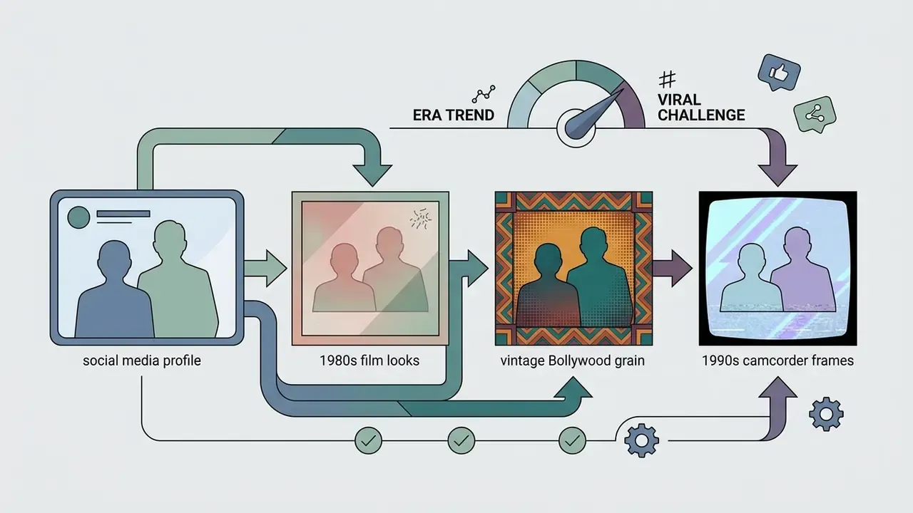 Arrows connecting social media profiles to various vintage photo styles and retro video frame effects