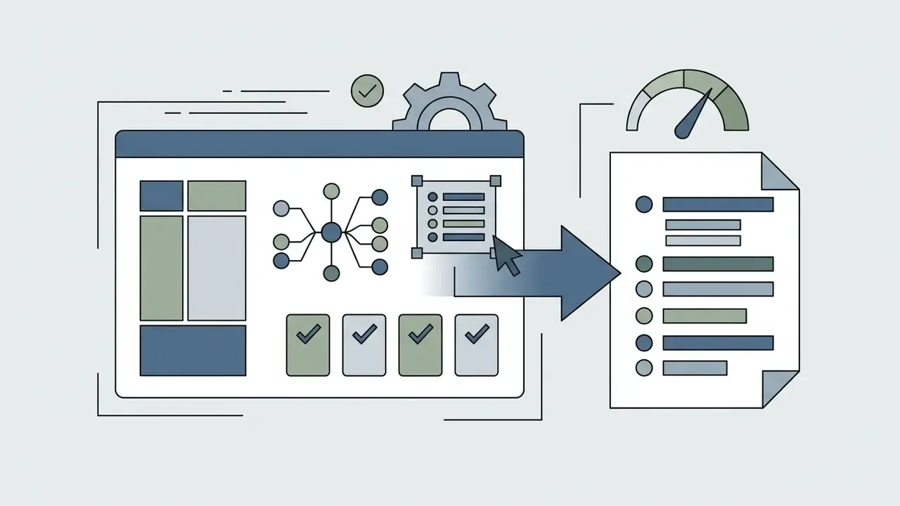Dashboard interface transforming complex data nodes into a simplified bulleted list document