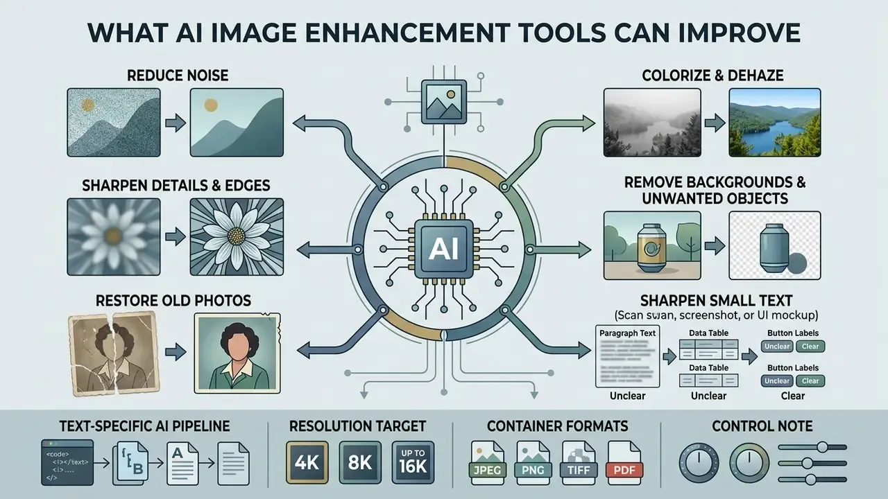 Central AI processor icon showing various image restoration and refinement tasks with output examples