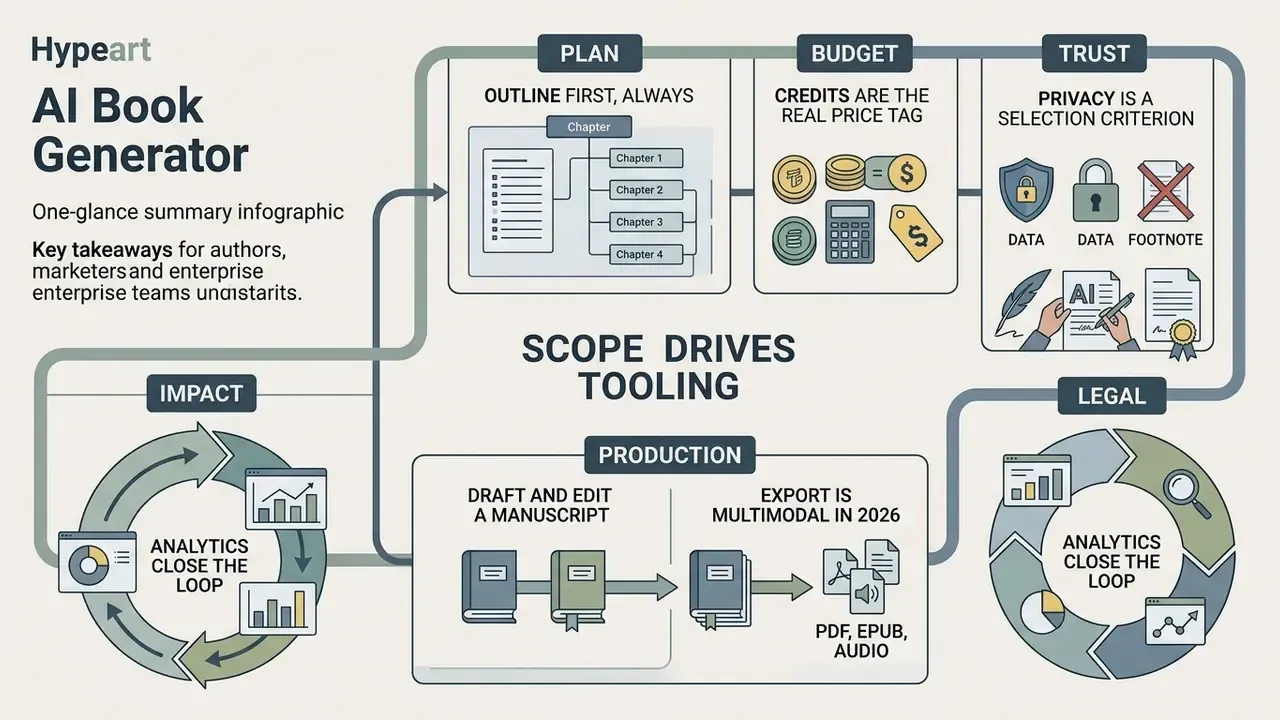 Infographic showing a workflow for an AI book generator with steps for planning, budgeting, and production