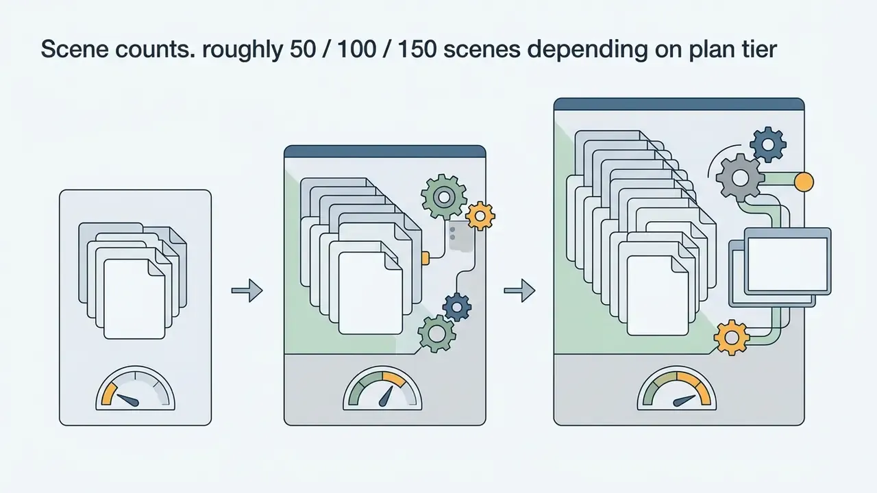 Stacks of documents moving through gear processors to increase scene counts across three plan tiers