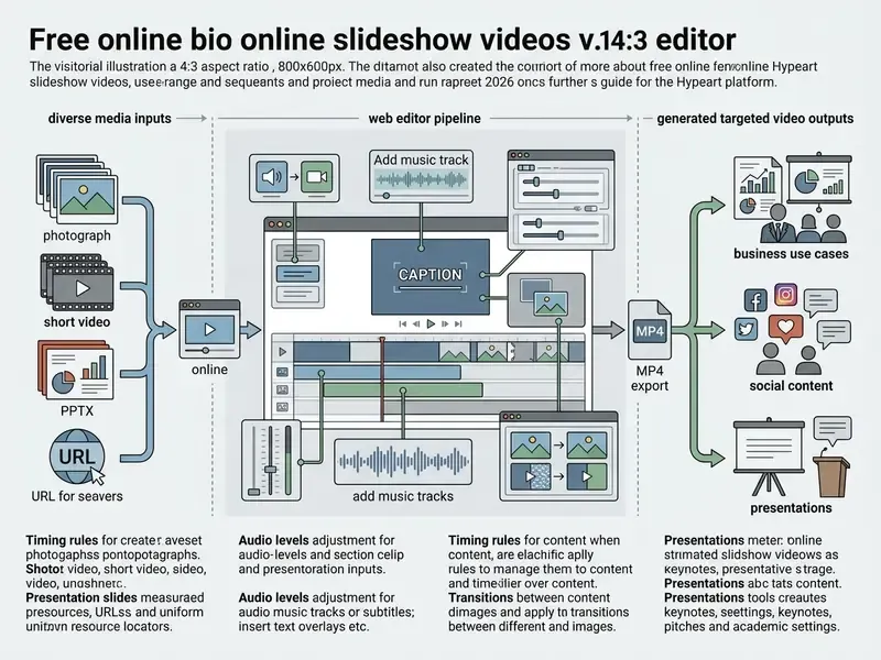 Flowchart showing media inputs moving through a web editor pipeline to create various video file outputs