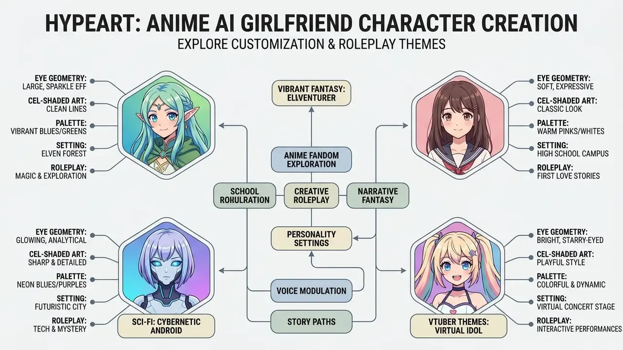 Map connecting anime character archetypes to specific visual styles, settings, and roleplay themes