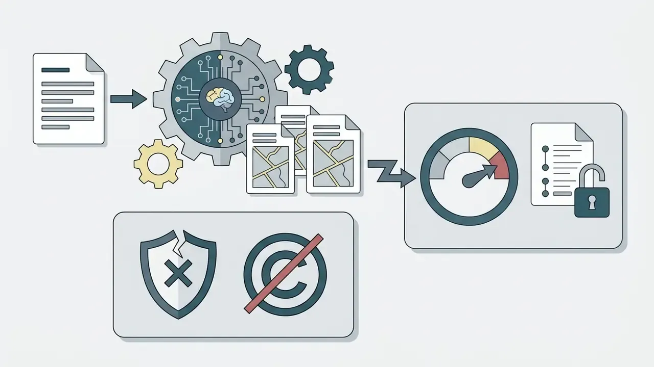 Documents processed by a digital brain gear into structured output with security and copyright icons