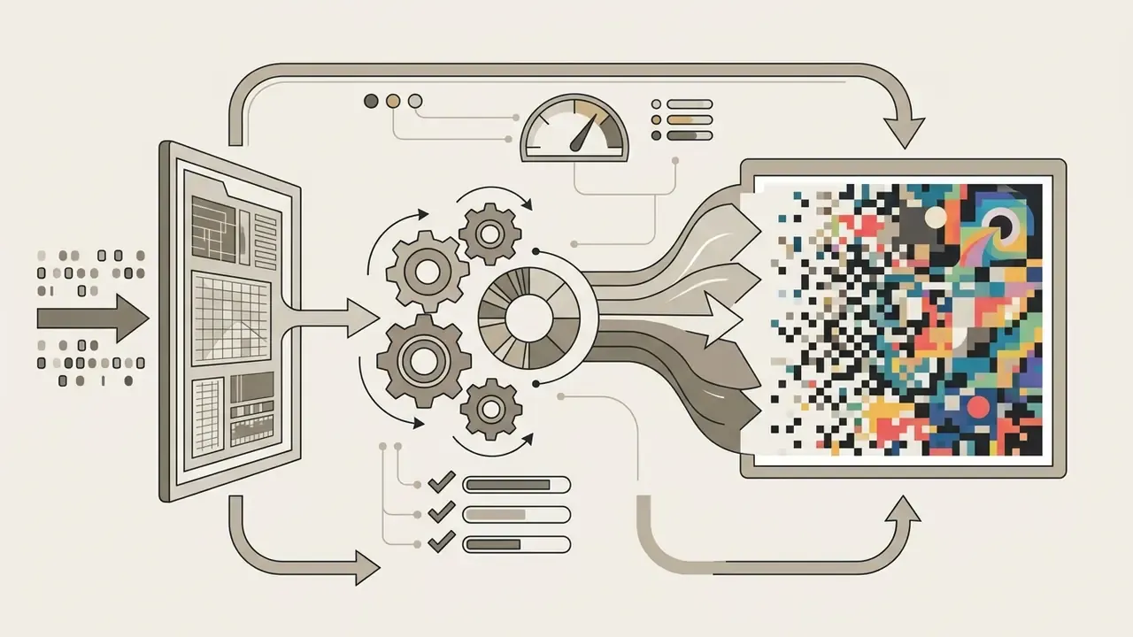 Data flowing through a mechanical gear system to transform structured inputs into a colorful pixelated output
