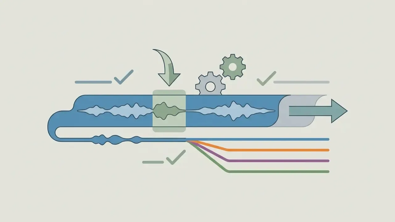 Audio waveform being edited by gears and split into individual stems for production