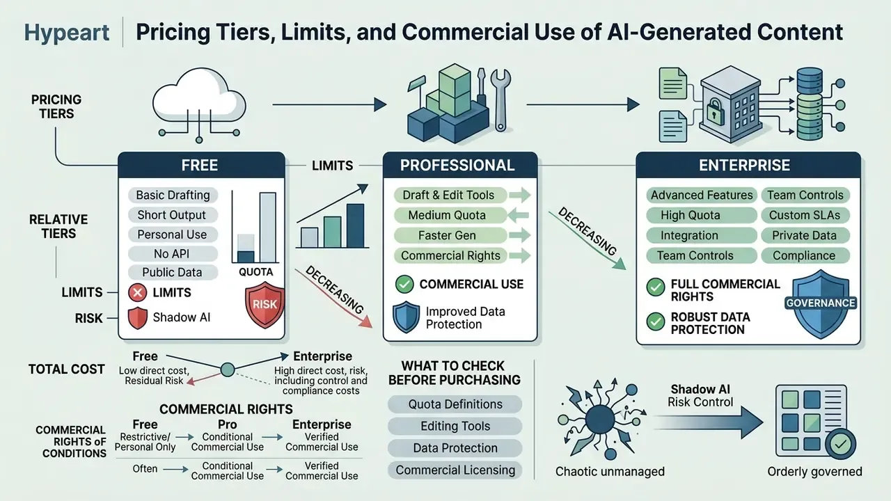 Flowchart comparing free, professional, and enterprise subscription features, risks, and commercial rights