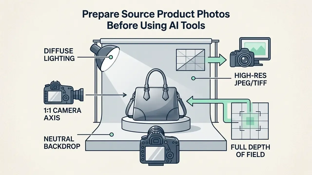 Diagram illustrating technical requirements for product photography including lighting, camera angle, and focus