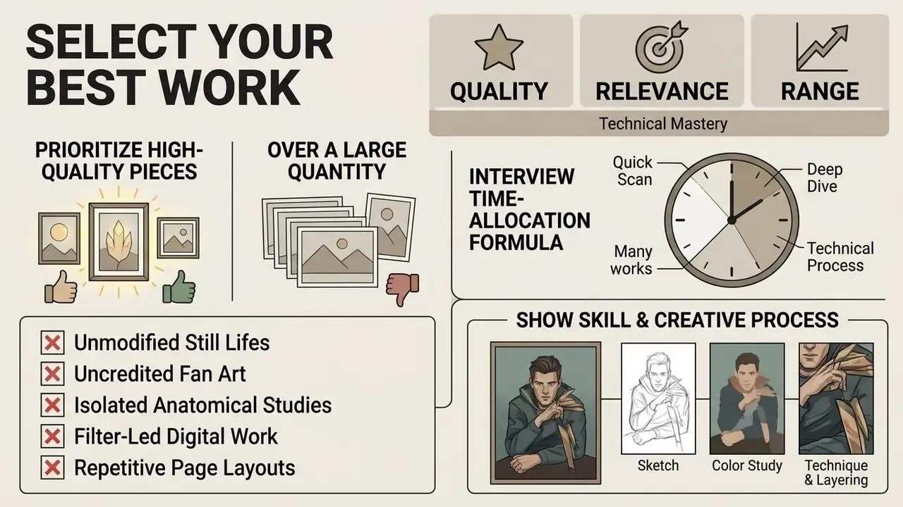 Infographic showing how to curate an art portfolio by prioritizing quality over quantity and showing process