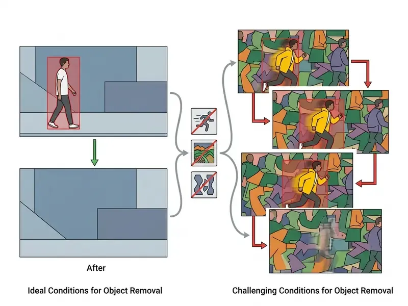 Comparison of ideal versus challenging video conditions for AI object removal with motion and background blur