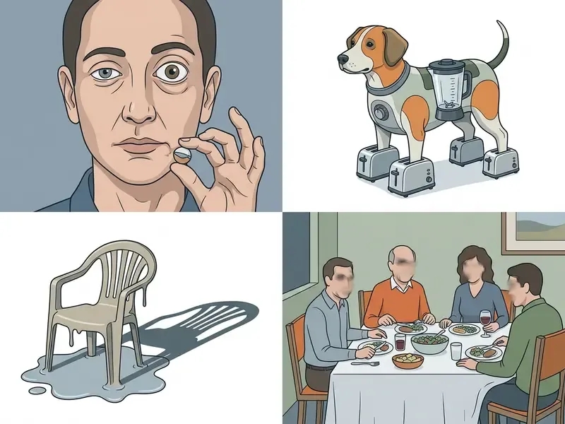 Four-panel grid showcasing a distorted face, a dog-appliance hybrid, a melting chair, and a blurred dinner