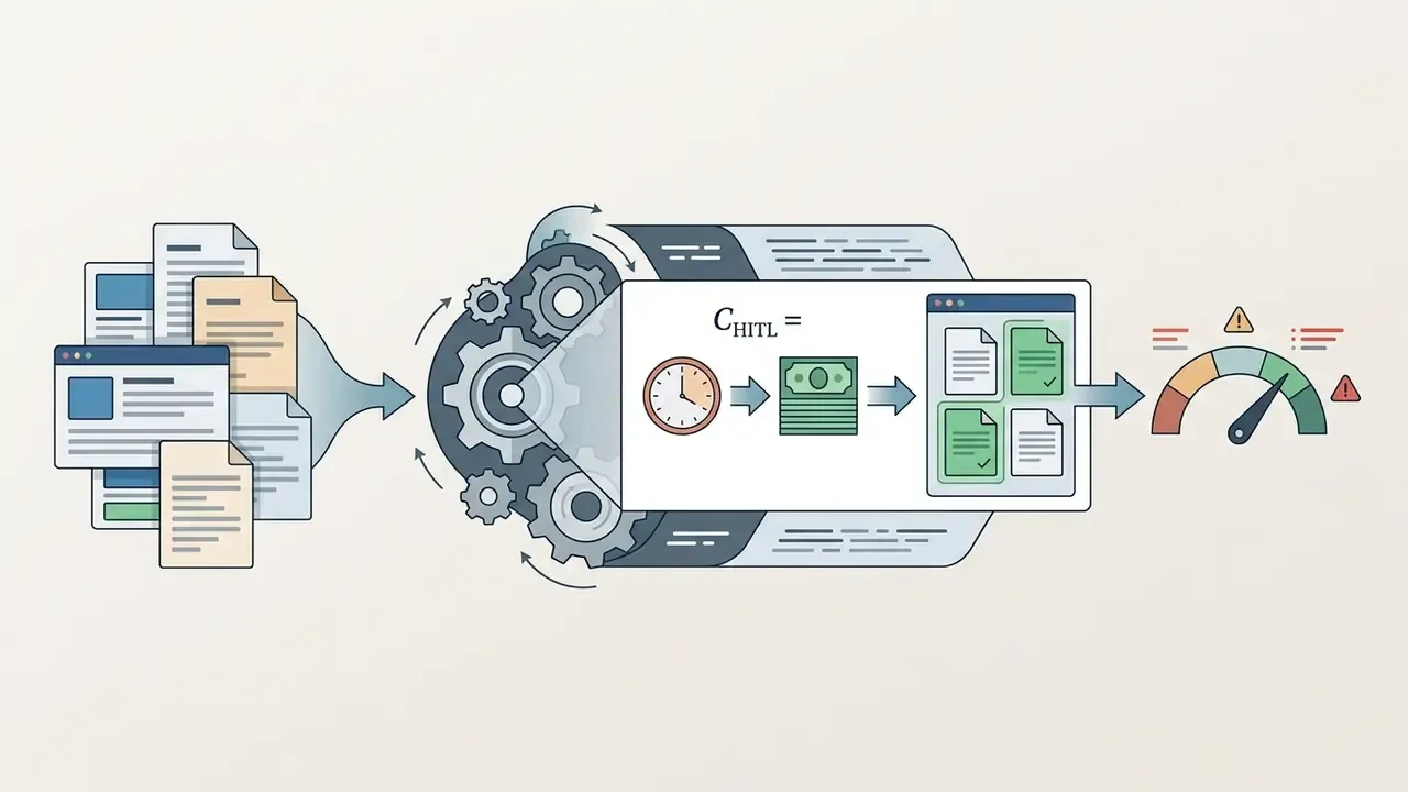 Documents feeding into a gear mechanism that calculates human review costs before reaching a gauge