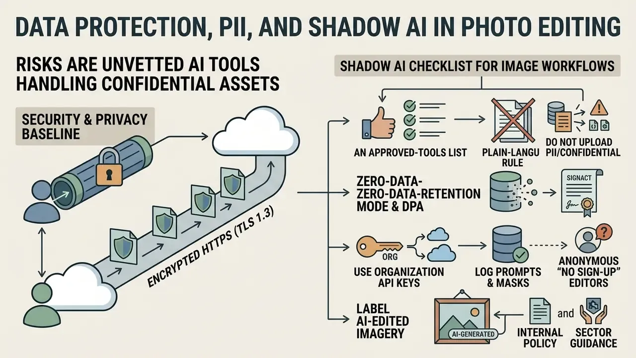 Diagram showing security protocols for encrypted file transfers and a checklist for managing shadow AI