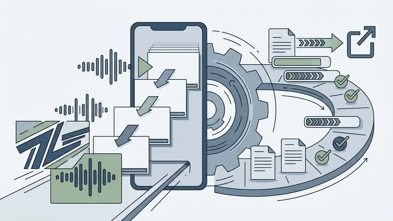 Smartphone screen showing stacked video clips moving through a gear-driven production assembly line