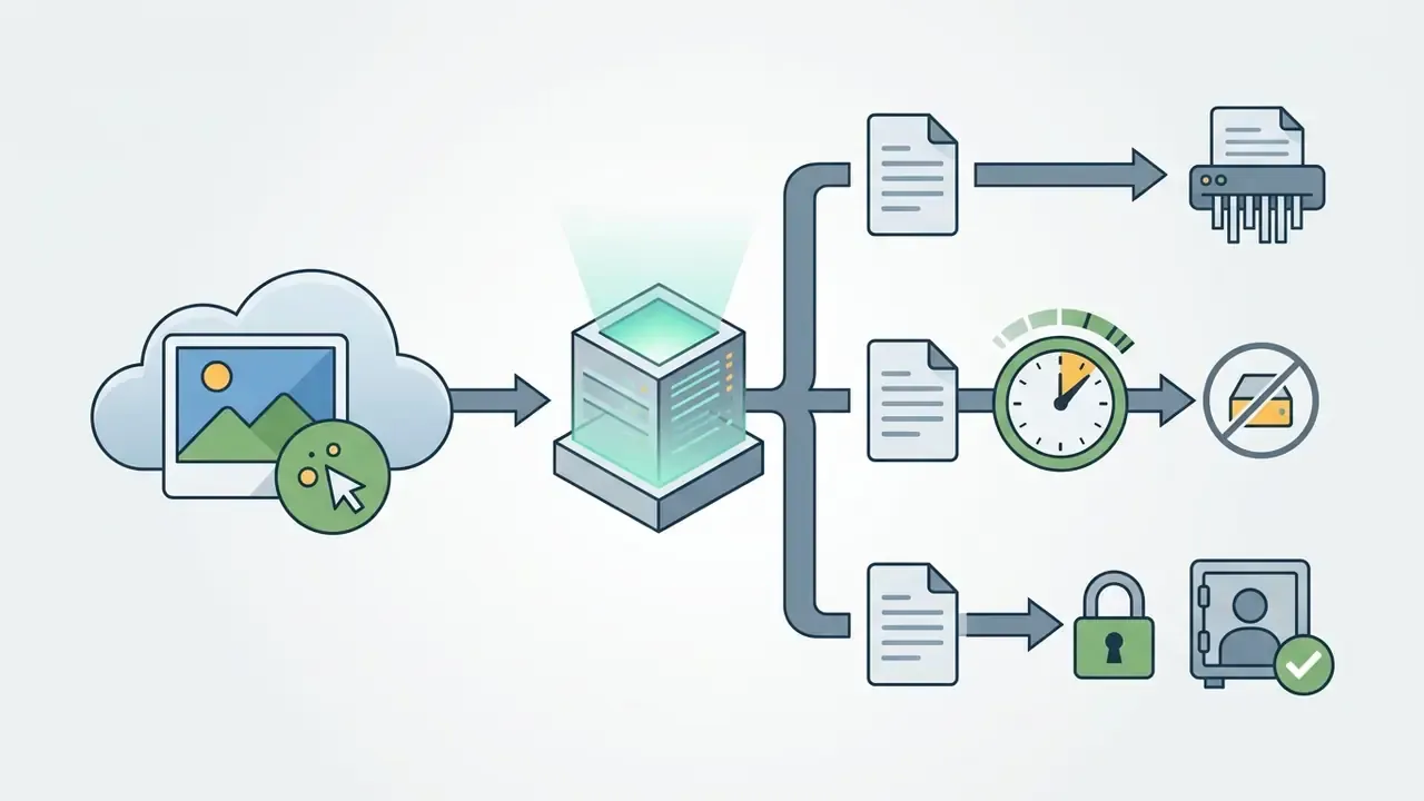 Visual representation of file retention options including immediate deletion, timed removal, and storage