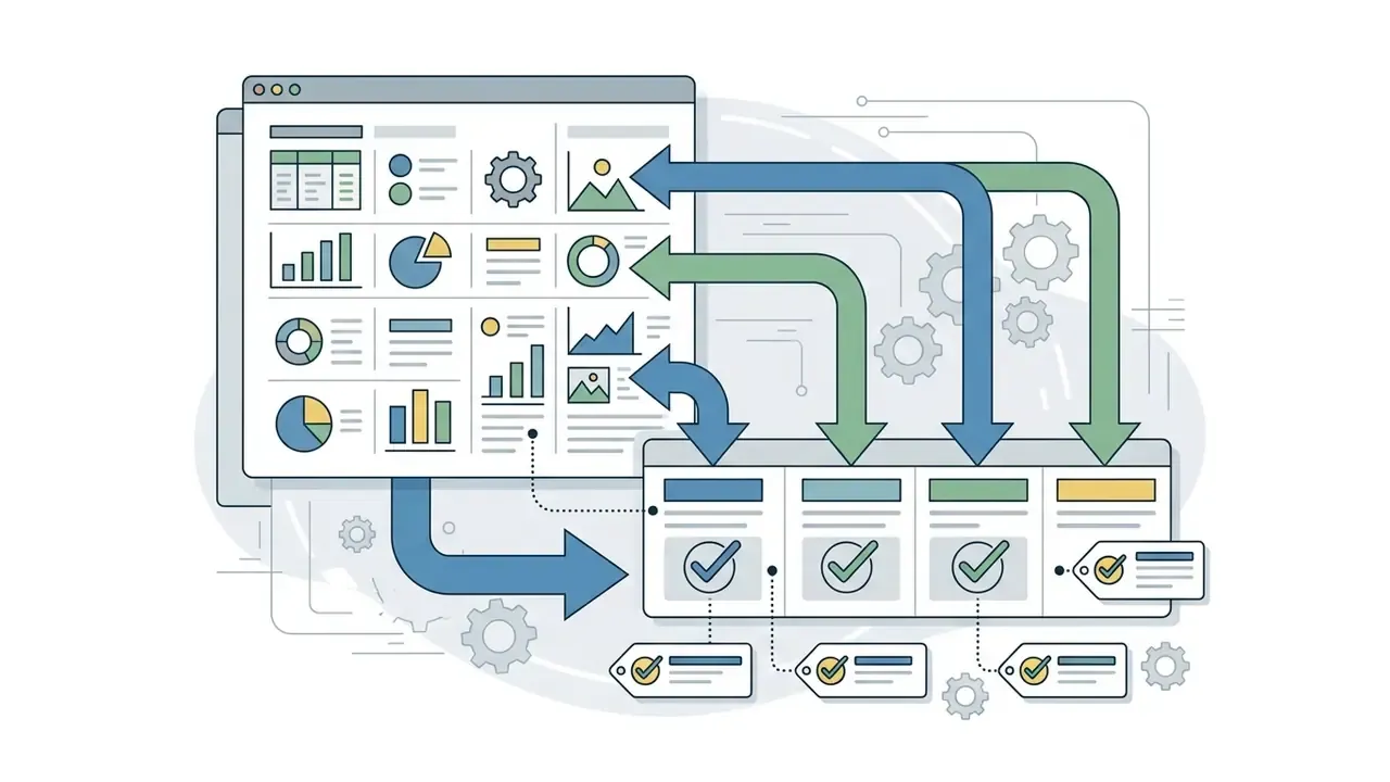 Data from a dashboard flowing into a verification panel with checkmark status tags and gear icons