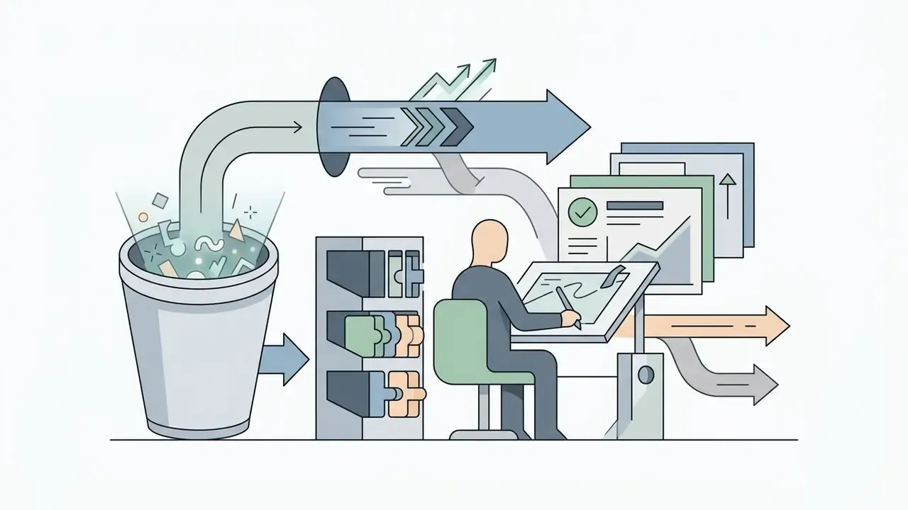 Person at a desk drafting designs while data flows into a container and through a series of output arrows