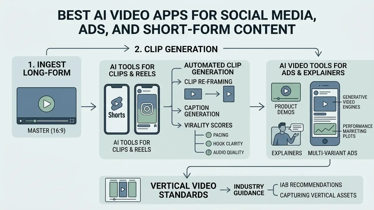 Workflow diagram showing how to use the best AI video generator for social media and advertising content