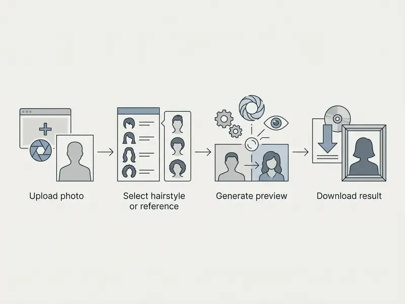 Linear flow chart showing photo upload, style selection, digital processing, and file download